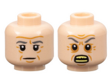 Light Nougat Minifigure, Head Dual Sided Dark Bluish Gray Eyebrows, Medium Nougat Age Lines, Neutral / Angry with Bright Light Yellow Teeth Pattern - Hollow Stud