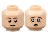 Light Nougat Minifigure, Head Dual Sided Dark Brown Eyebrows, Medium Nougat Chin Dimple, Grin / Scared with Bright Light Blue Eyes Pattern - Hollow Stud