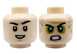Light Nougat Minifigure, Head Dual Sided Black Eyebrows, Chin Dimple, Open Mouth Smile / Angry with Green Eyes, Olive Green Eye Shadow and Veins Pattern - Hollow Stud