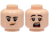 Light Nougat Minifigure, Head Dual Sided Female Black Eyebrows, Nougat Lips, Medium Nougat Dimples, Lopsided Grin / Scared with Open Mouth Pattern - Hollow Stud