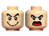 Light Nougat Minifigure, Head Dual Sided Black Bushy Eyebrows, Medium Nougat Cheek Lines, Large Smile / Angry with Open Mouth and Red Tongue Pattern - Hollow Stud