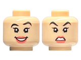 Light Nougat Minifigure, Head Dual Sided Female Black Eyebrows, Left Raised, Coral Lips, Open Mouth Smile / Angry Pattern - Hollow Stud