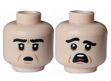 Light Nougat Minifigure, Head Dual Sided Black Eyebrows, Medium Nougat Cheek Lines, Open Mouth Scared / Terrified with White Teeth and Red Tongue Pattern - Hollow Stud