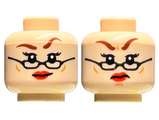 Light Nougat Minifigure, Head Dual Sided Female Reddish Brown Eyebrows, Bright Pink Eye Shadow, Black Glasses, Red Lips, Smirk / Angry with Frown Pattern - Hollow Stud