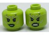 Lime Minifig, Head Dual Sided Alien Female with Silver Tattoos, Eyelashes, Dark Green Lips, Open Mouth Smile / Angry Pattern - Stud Recessed