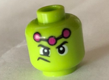 Lime Minifig, Head Male Wide Eyes, Frown to Side, Three Magenta Dots Pattern (Brainiac) - Stud Recessed