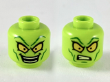 Lime Minifigure, Head Dual Sided Alien Dark Green Eyebrows and Cheek Lines, Large Yellow Eyes, Smile / Confused Pattern - Hollow Stud