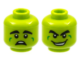 Lime Minifigure, Head Dual Sided Alien, Thick Black Eyebrows, Green Cheek Dimples, Scared / Wide Grin with Teeth Pattern - Hollow Stud