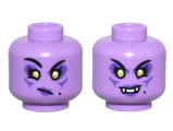 Medium Lavender Minifigure, Head Dual Sided Female, Lime Eyes and Dark Purple Eye Shadow and Lips, Crooked Mouth Frown / White Fangs Smile Pattern - Vented Stud