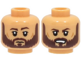 Medium Tan Minifigure, Head Dual Sided Dark Brown Eyebrows and Full Beard, Nougat Cheek Lines, Neutral / Angry with Open Mouth with Teeth Pattern - Hollow Stud