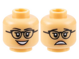 Medium Tan Minifigure, Head Dual Sided Female Black Eyebrows, Glasses, Peach Lips, Open Mouth Smile / Scared Pattern - Hollow Stud
