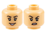 Medium Tan Minifigure, Head Dual Sided Female Black Eyebrows, Peach Eyeshadow and Lips, Open Smile / Disgust with Raised Eyebrow Right Pattern - Hollow Stud