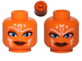 Orange Minifig, Head Dual Sided Alien with SW Ahsoka, Blue Eyes, Smile / Angry Pattern - Stud Recessed