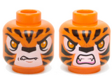 Orange Minifigure, Head Dual Sided Alien Chima Tiger Orange Eyes, Fangs and Black Stripes, Neutral / Angry Pattern (Tormak) - Hollow Stud