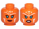 Orange Minifigure, Head Dual Sided Alien with SW Ahsoka, Blue Eyes and White Lines, Smile / Frown Pattern - Hollow Stud