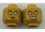 Pearl Gold Minifig, Head Dual Sided Alien Metallic Gold Eyes and Cheek Contours, Neutral / Angry Pattern - Stud Recessed