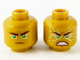 Pearl Gold Minifigure, Head Dual Sided Reddish Brown Eyebrows and Mouth, Green Eyes with Gold Energy Effect, Frown / Fierce Outburst Pattern - Hollow Stud