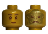 Pearl Gold Minifigure, Head Dual Sided Reddish Brown Eyes and Mouth, Copper Pupils and Eyebrows (Quirrell) / Gold Face (Voldemort) Pattern - Hollow Stud