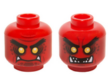 Red Minifigure, Head Dual Sided Alien Black Eyebrows, Yellow Eyes, Dark Red Spots, 2 Fangs, Closed Mouth / Open Mouth Teeth Pattern - Hollow Stud