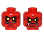 Red Minifigure, Head Dual Sided Alien Black Eyebrows, Yellow Eyes, Dark Red Spots, 4 Fangs, Closed Mouth / Angry Pattern - Hollow Stud