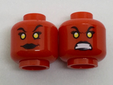 Red Minifig, Head Dual Sided Alien Female with Yellow Eyes, Black Lips, Smile / Teeth Bared Fierce Pattern - Stud Recessed