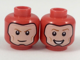 Red Minifig, Head Dual Sided Balaclava with Light Nougat Face, Dark Orange Eyebrows, Grin / Broad Smile with Teeth Pattern