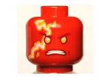 Red Minifigure, Head Alien with Bright Light Orange Eyes, Dark Red Eyebrows, White Bared Teeth, and Electricity Pattern - Hollow Stud