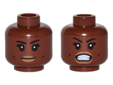 Reddish Brown Minifigure, Head Dual Sided Female, Black Eyebrows, Dark Tan Lips, Dimples, Neutral / Bared Teeth Pattern (Patty Tolan) - Hollow Stud