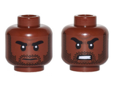 Reddish Brown Minifig, Head Dual Sided Beard Stubble, Black Eyebrows, Neutral / Angry Pattern - Stud Recessed
