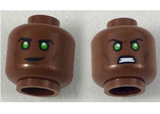 Reddish Brown Minifig, Head Dual Sided Black Eyebrows, Green Eyes with White Glints, Smirk / Angry Pattern - Stud Recessed