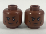 Reddish Brown Minifig, Head Dual Sided Black Eyebrows and Cheek Lines, Smirk with Raised Eyebrow / Firm Expression Pattern