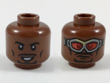 Reddish Brown Minifig, Head Dual Sided Black Eyebrows and Goatee, Smile / Silver Goggles with Red Lenses Pattern