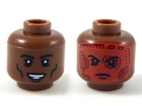 Reddish Brown Minifigure, Head Dual Sided Black Eyebrows and Cheek Lines, Smile / Red Heads Up Display with Dark Red Shapes Pattern - Hollow Stud