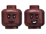 Reddish Brown Minifigure, Head Dual Sided Female, Black Eyebrows, Lipstick, Closed Mouth / Lopsided Smile with White Teeth Pattern - Hollow Stud