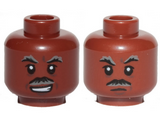 Reddish Brown Minifigure, Head Dual Sided Black and Gray Moustache and Eyebrows, Lopsided Grin / Closed Mouth Pattern (SW Lando) - Hollow Stud