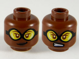 Reddish Brown Minifigure, Head Dual Sided Female, Black Goggles with Yellow Lenses, Dark Brown Lips, Lopsided Grin / Scowl Showing Teeth Pattern - Hollow Stud