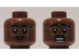 Reddish Brown Minifigure, Head Dual Sided Gold Rimmed Glasses, Black Moustache Calm / Scared Pattern - Hollow Stud