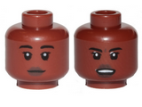 Reddish Brown Minifigure, Head Dual Sided Female, Dark Brown Lips, Black Eyebrows, Neutral / Angry Pattern - Hollow Stud