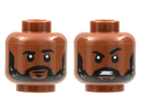 Reddish Brown Minifigure, Head Dual Sided, Black Eyebrows and Beard with Light Bluish Gray Highlights, Neutral / Angry Pattern - Hollow Stud