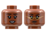 Reddish Brown Minifigure, Head Dual Sided Female, Black Eyebrows, Dark Brown Cheek Lines and Lips, Open Smile / Neutral with Gold Glasses Pattern - Hollow Stud