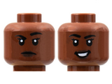 Reddish Brown Minifigure, Head Dual Sided Female, Black Eyebrows, Dark Brown Lips, Raised Right Eyebrow / Smile with Teeth Pattern - Hollow Stud