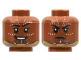 Reddish Brown Minifigure, Head Dual Sided Female, Black Eyebrows, Rows of Tan Dots, Chinstrap, Smile / Frown Pattern - Hollow Stud