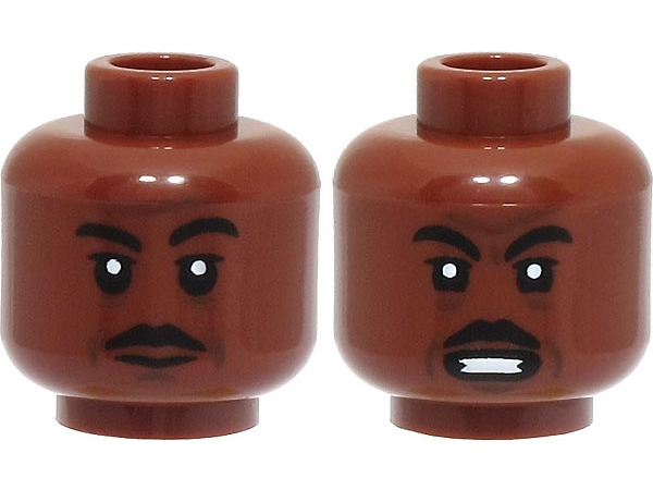Reddish Brown Minifigure, Head Dual Sided, Black Eyebrows and Moustache, Cheek Lines, Smile / Scowl with Open Mouth and White Teeth Pattern - Hollow Stud