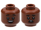 Reddish Brown Minifigure, Head Dual Sided, Black Eyebrows Raised and Eyes with White Pupils, Open Mouth / Worried Pattern - Hollow Stud