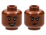 Reddish Brown Minifigure, Head Dual Sided Female, Black Eyebrows, Dark Brown Lips, Smile with Teeth / Lopsided Grin with Raised Eyebrow Right Pattern - Hollow Stud