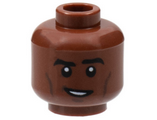 Reddish Brown Minifigure, Head Thick Black Eyebrows, Dark Brown Contour Lines, Lopsided Smile with Teeth Pattern - Hollow Stud