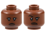 Reddish Brown Minifigure, Head Dual Sided Black Eyebrows and Moustache, Dark Brown Contour Lines, Sad / Raised Eyebrow Right Pattern - Hollow Stud