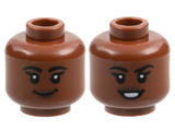 Reddish Brown Minifigure, Head Dual Sided Female, Black Eyebrows, Dark Brown Lips, Grin / Open Mouth Smile Pattern - Hollow Stud