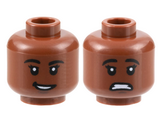 Reddish Brown Minifigure, Head Dual Sided Female, Black Eyebrows, Dark Brown Chin Dimple, Open Mouth, Lopsided Smile / Scared Pattern - Hollow Stud