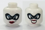 White Minifig, Head Dual Sided Female Black Mask, Black Eyes, Red Lips, Smile / Bared Teeth Pattern - Stud Recessed